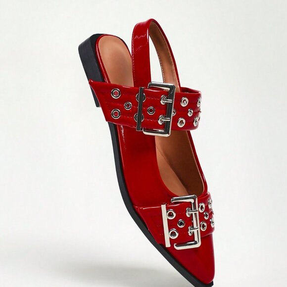 Red Punk Women's Oversized Buckle Flats - Picture 3 of 6